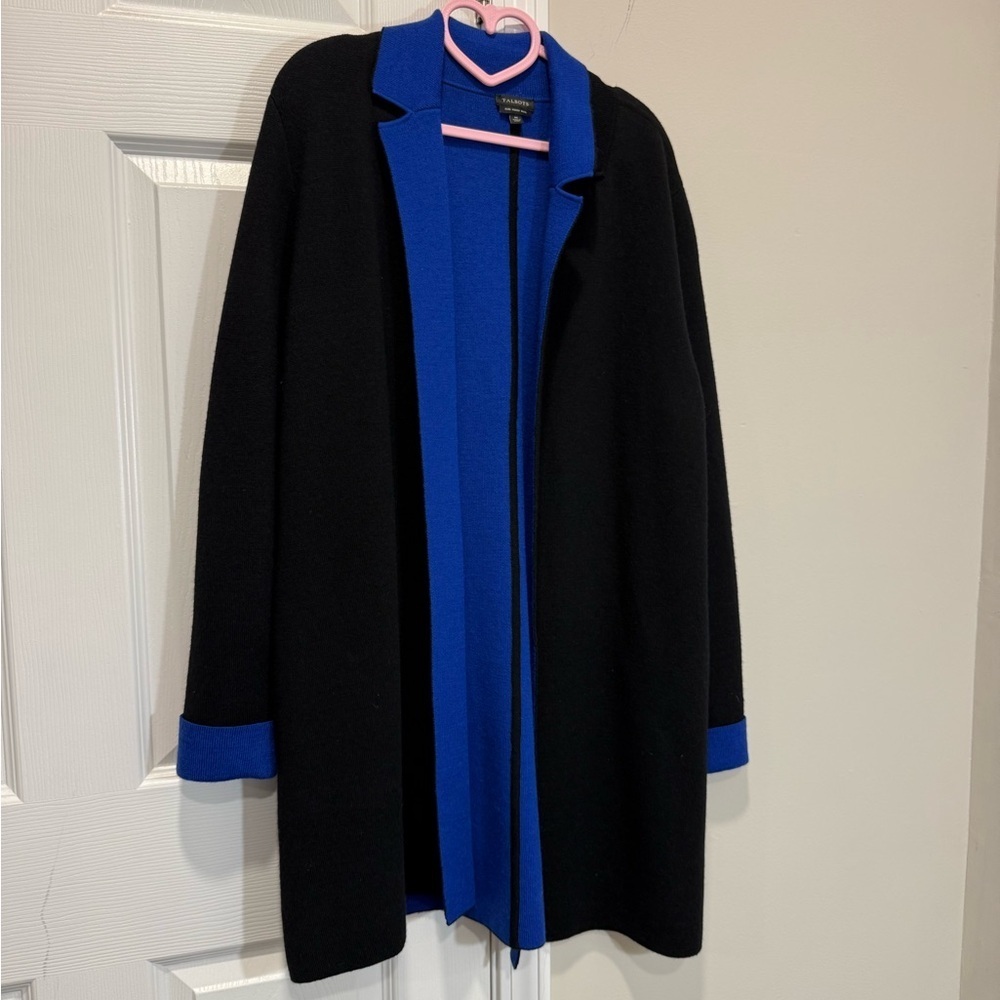 Talbots Black Blue Pure Merino Wool Open Front Jacket /Cardigan Long Sleeve M